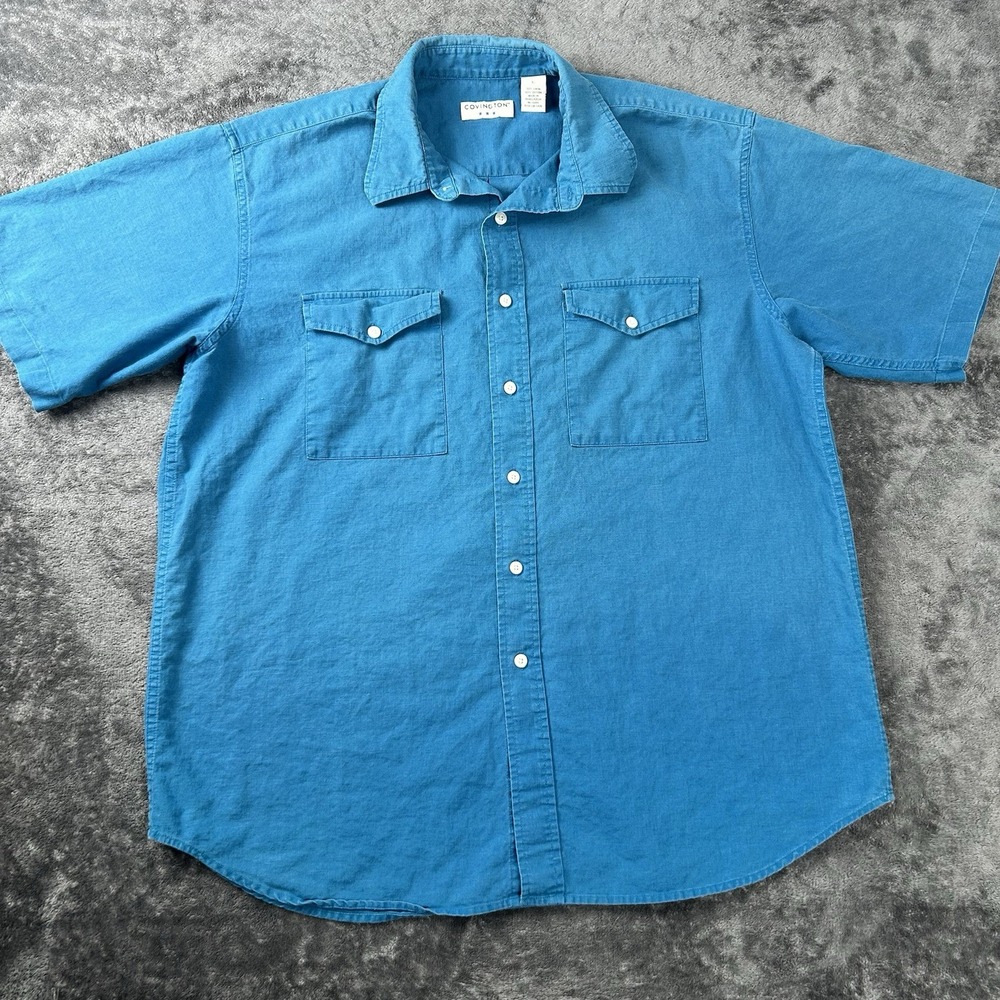 Covington Button Down Shirt Mens L Blue Linen Blend Pockets